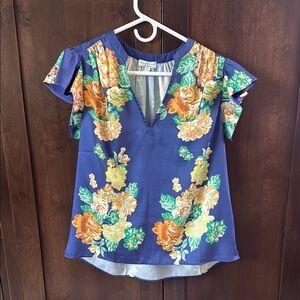 Current Air Blue Ruffled Floral Blouse